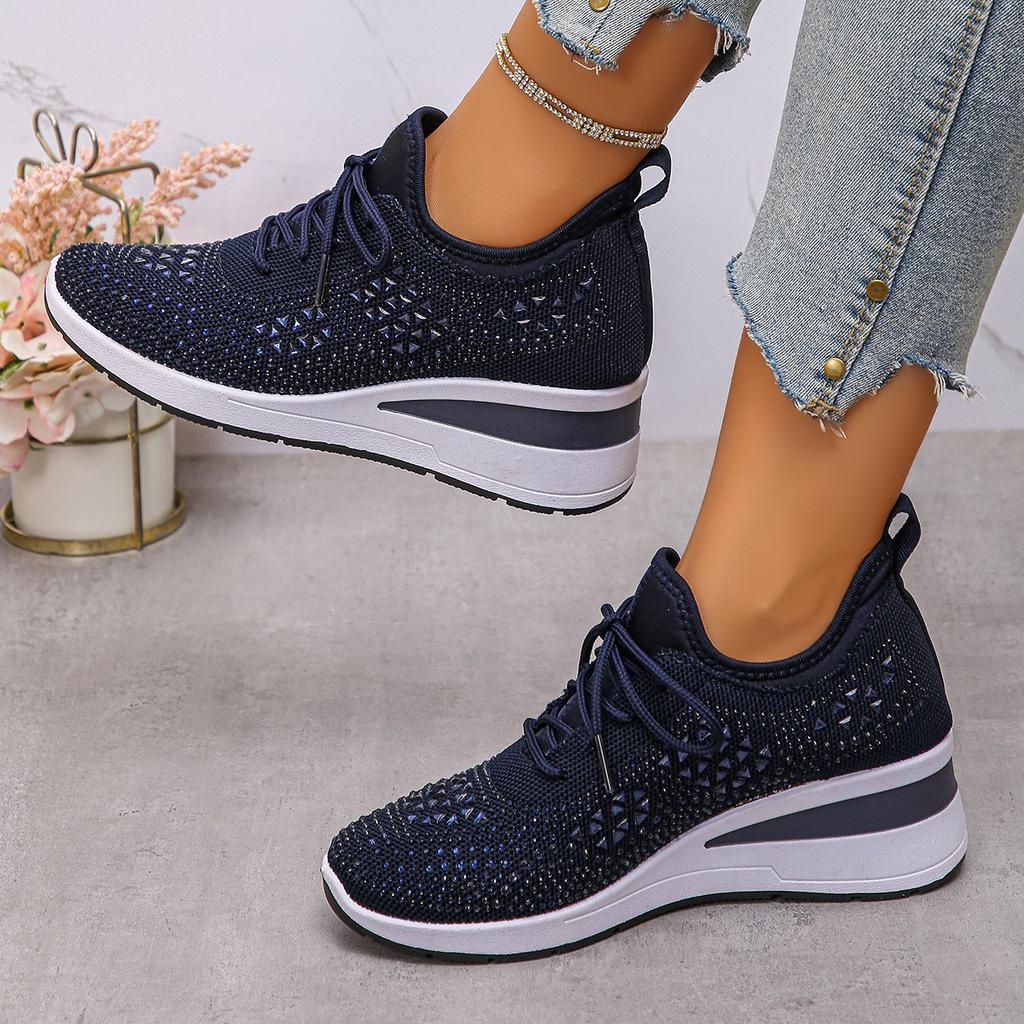 Women's Sneakers Shiny Rhinestone Wedge  Breathable Knit Non Slip Walking Shoes Woman Plus Size Fashion Thick Sole White Sneaker