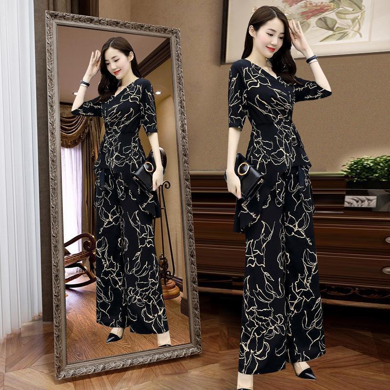 Women's Suit Casual Summer Two Piece Set Fashion Wide Leg Long Pant Half Sleeve Top Korean Style Printed Office Outfits