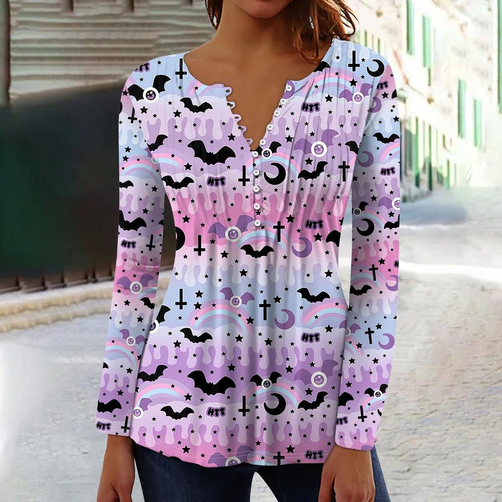 Женский топ с длинными рукавами и плиссированным воротником на пуговицах с принтом Хэллоуина, весна-осень