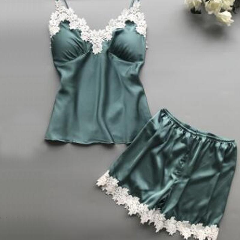 Женский кружевной пижамный комплект шелковый с оборками сексуальный из 2 предметов с пижамными шортами сатиновый летний короткий набор для сна для дам