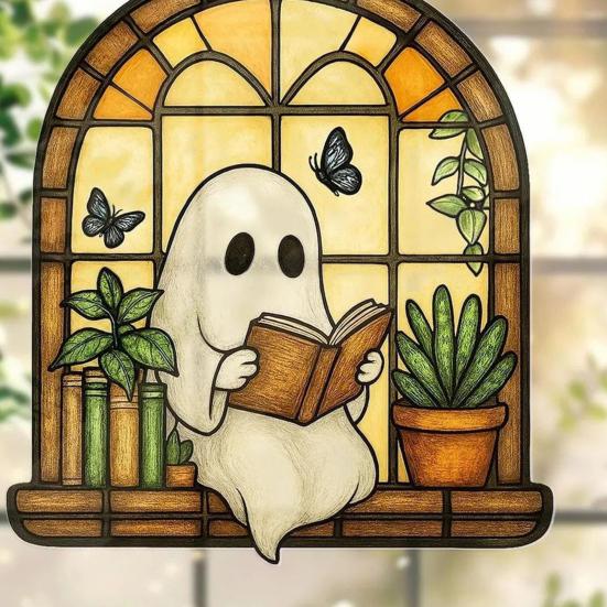 Хэллоуин Акриловый Ловец Солнца Очаровательный Призрак Читающий Книгу Подвеска Черный Кот Чашка Жуткое Оконное Подвесное Украшение для Дома Вечеринок Фестивалей