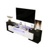 Stylish TV cabinet, low panel. High-gloss white and black, 200 cm, LED lighting. Living room furniture. Modern design. Elegant glass surface.