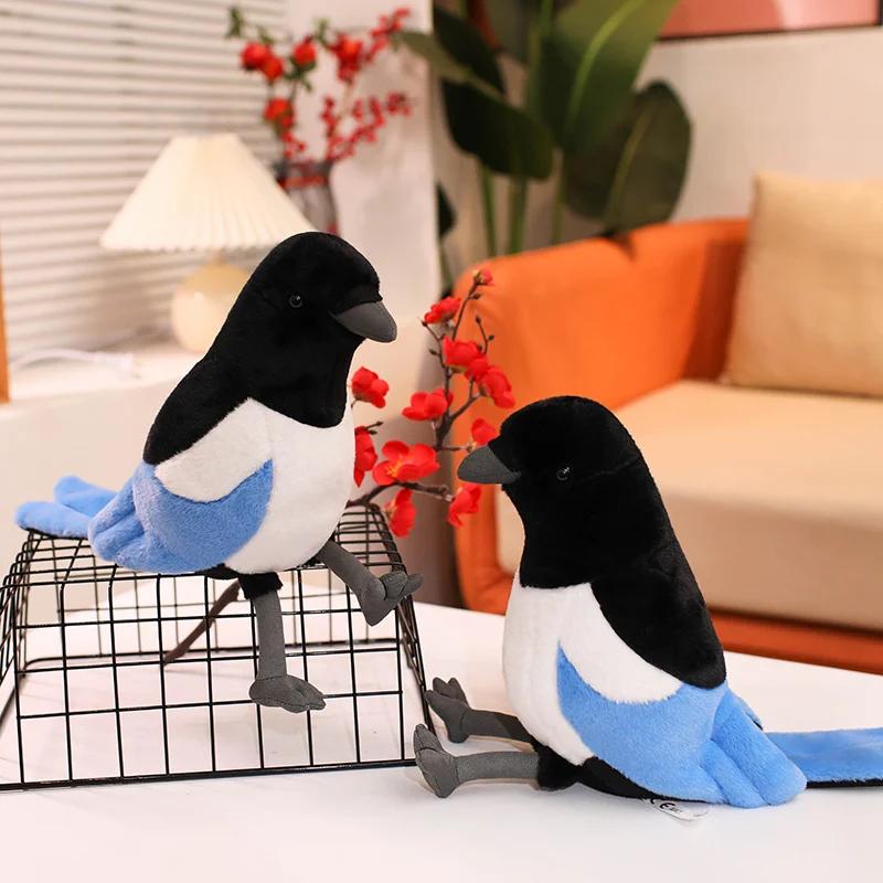 Stuffed Animal Eurasian Magpie Bird Perched Bird Accent on A Branch for Study Desk Bookshelf and Home Office Display