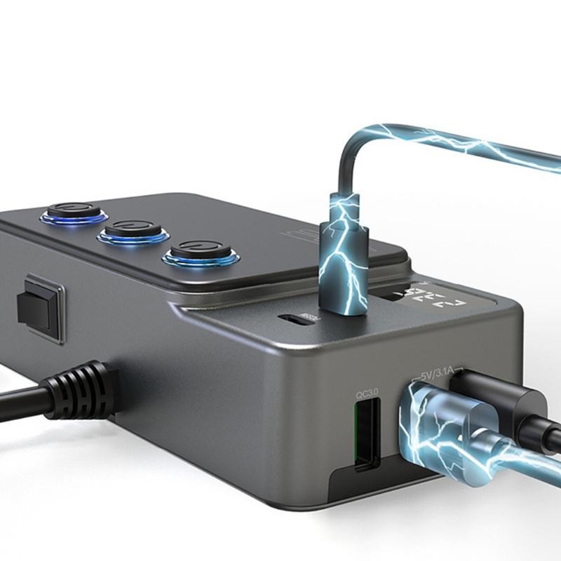 Car Cigarettes Lighter Adapter Multiple Port USB C Charging 3Socket PD35W for Heavy Duty Truck with Independent Switches
