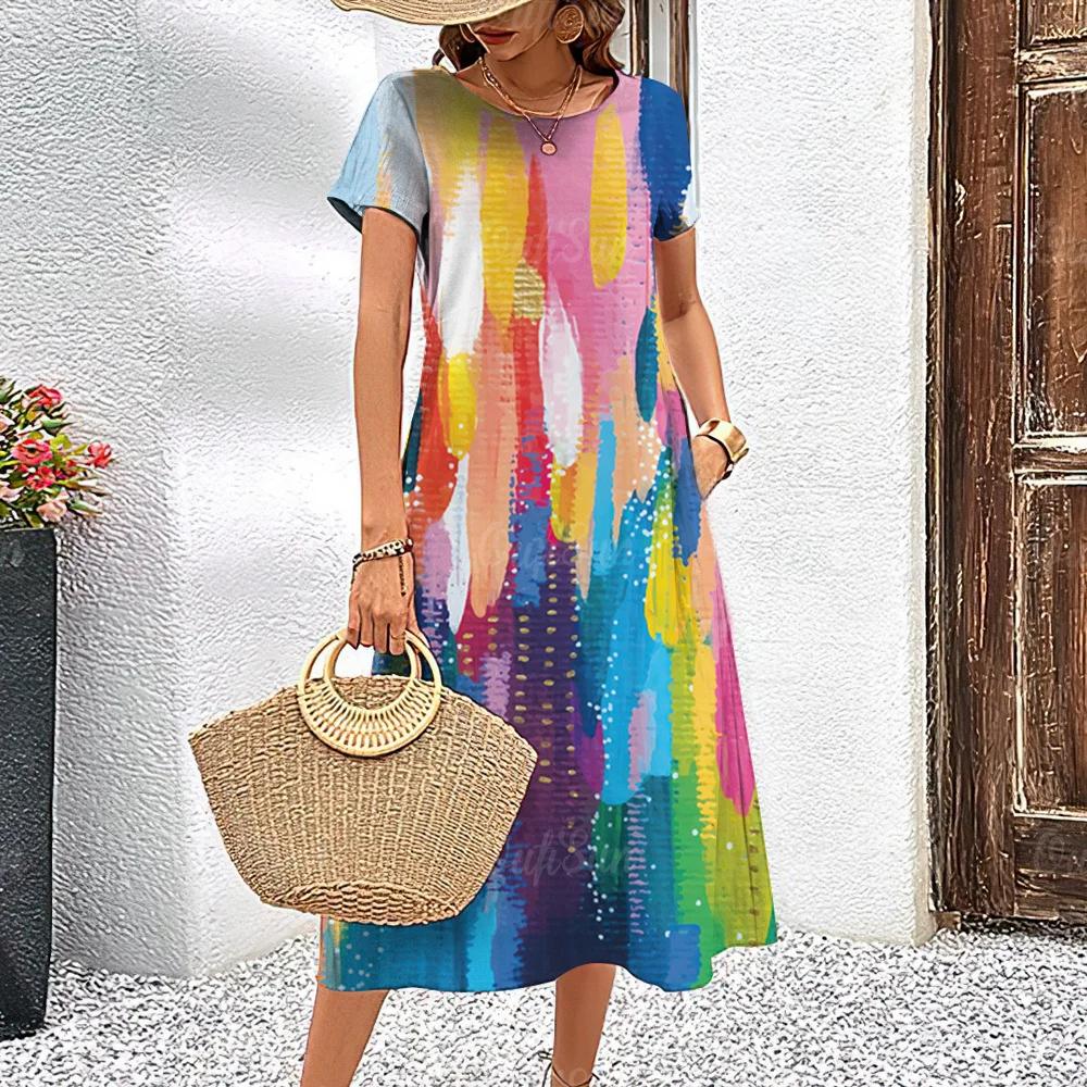 Летние платья с короткими рукавами, стильная женская одежда с контрастными цветами, длинное платье с принтом 3D Tie-Dye, женская одежда, свободный свитер с круглым вырезом