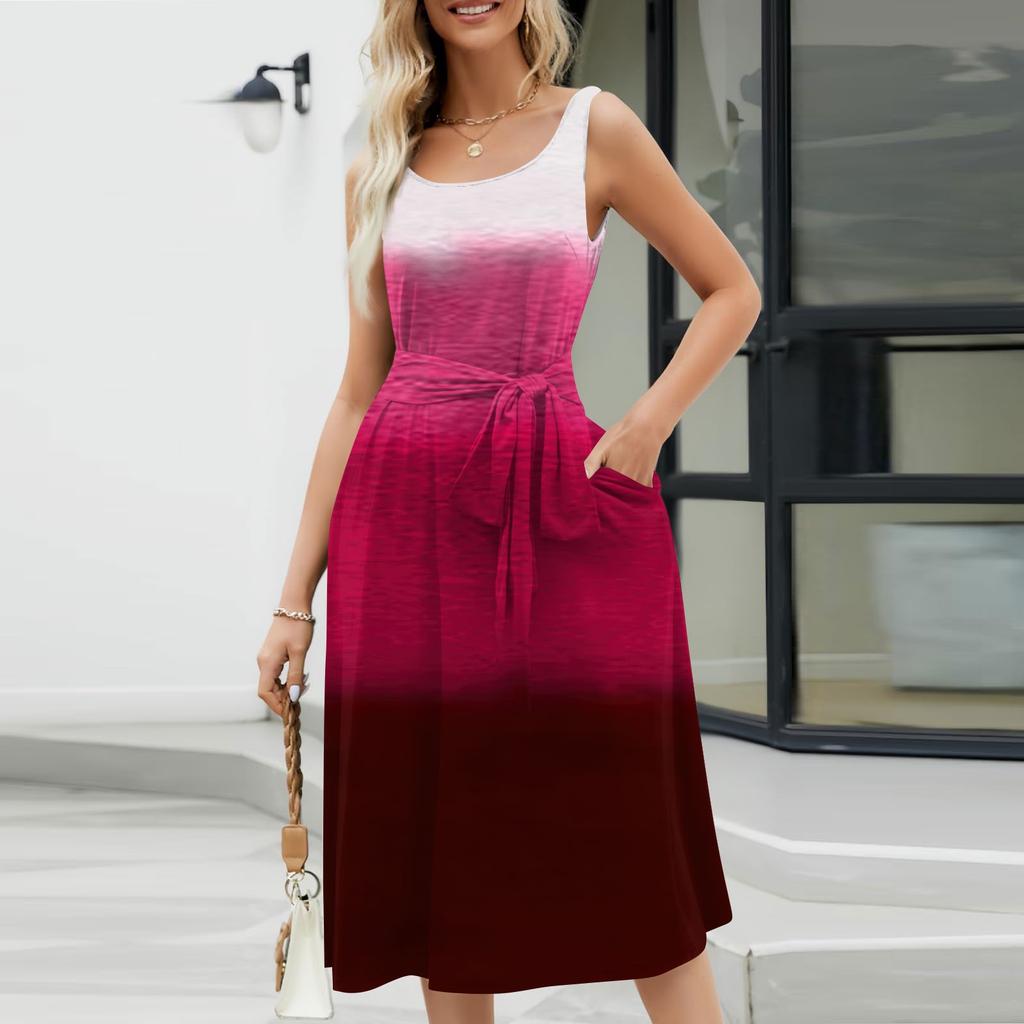 Летние платья для женщин 2024, пляжные свободные с круглым вырезом, без рукавов, миди-трапеции, распашное платье, сарафаны с карманами