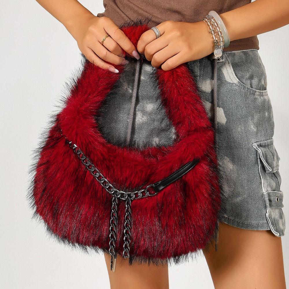 Portable Fluffy Hobo Bags Stars Chains Half Moon Armpit Bag Mobile Phone Bag