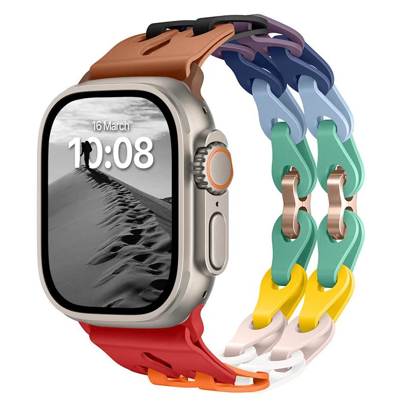 Силиконовый ремешок с двойной звеньевой цепью для Apple Watch Band Ultra 2 49мм 44мм 40мм 45мм 41мм 42мм Браслет для Series 9 8 7 6 5 4 SE 3