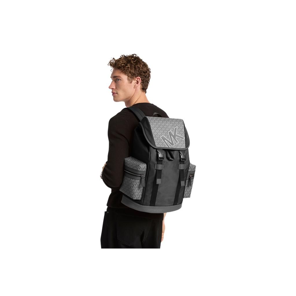 Michael Kors MK Cooper Letter Print Faux Leather Flap Backpack Large Men Backpack Black Gray 37F5LCOB2U-041