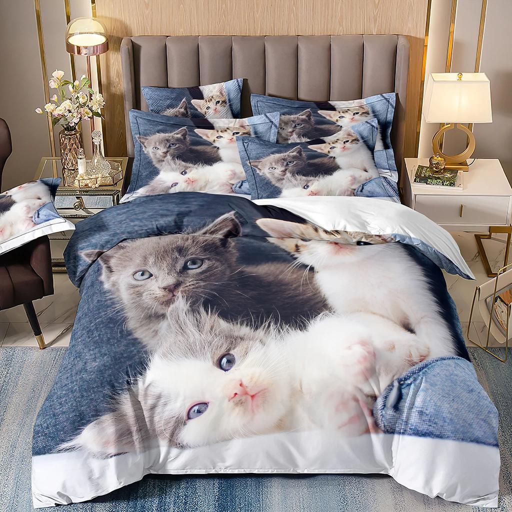 Милый кошачий постельный комплект Домашнее украшение спальни Мальчик Девочка Пододеяльник Наволочка Детские комплекты одеял подарок 2/3 шт.