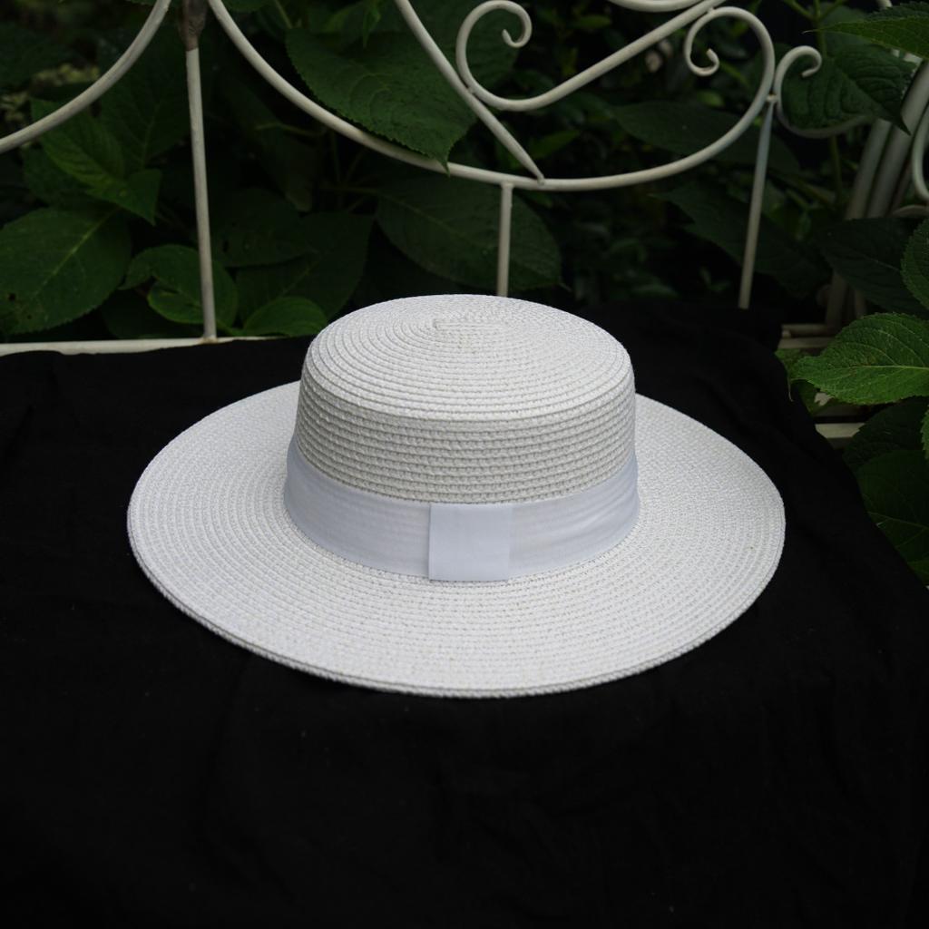 Korea Foreign Trade Summer French Wide Brim White Black Flat Top Straw Hat Women'S Sunshade Sun Hat Panama Top Hat