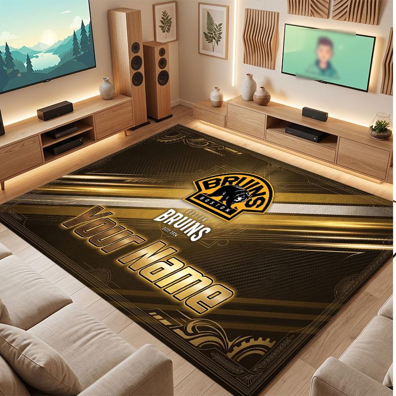Boston Bruins Personalized Crystal Velvet Carpet, Customized Name Text Soft Anti‑Slip Rug for Living Room Bedroom