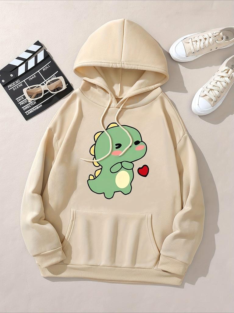 2025 Women's Autumn Winter Cute Heart Shaped Dinosaur Printed Top Casual Sweatshirt Women Round Neck Comfortable Clothing