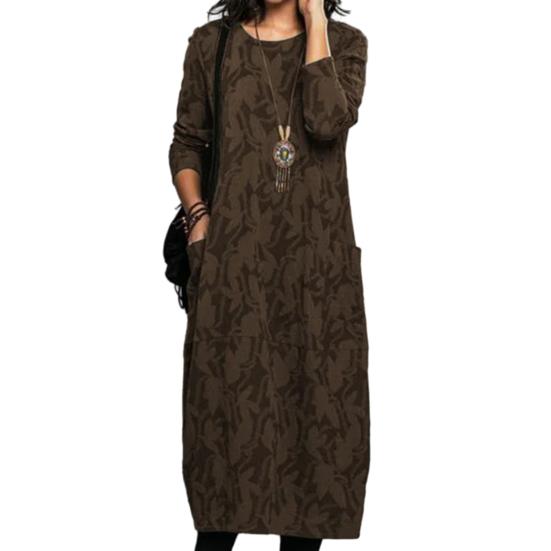 Женское весенне-осеннее платье миди с круглым вырезом и длинными рукавами, карманами, дизайнерским принтом, свободное элегантное платье, уличная одежда