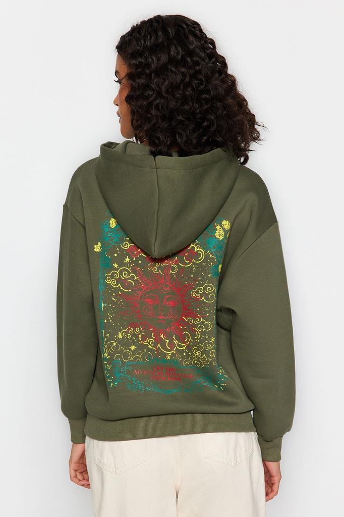 Женская модная стильная толстовка цвета хаки, толстая внутренняя часть из флиса с принтом спереди и сзади, свободный размер, широкая вязаная толстовка