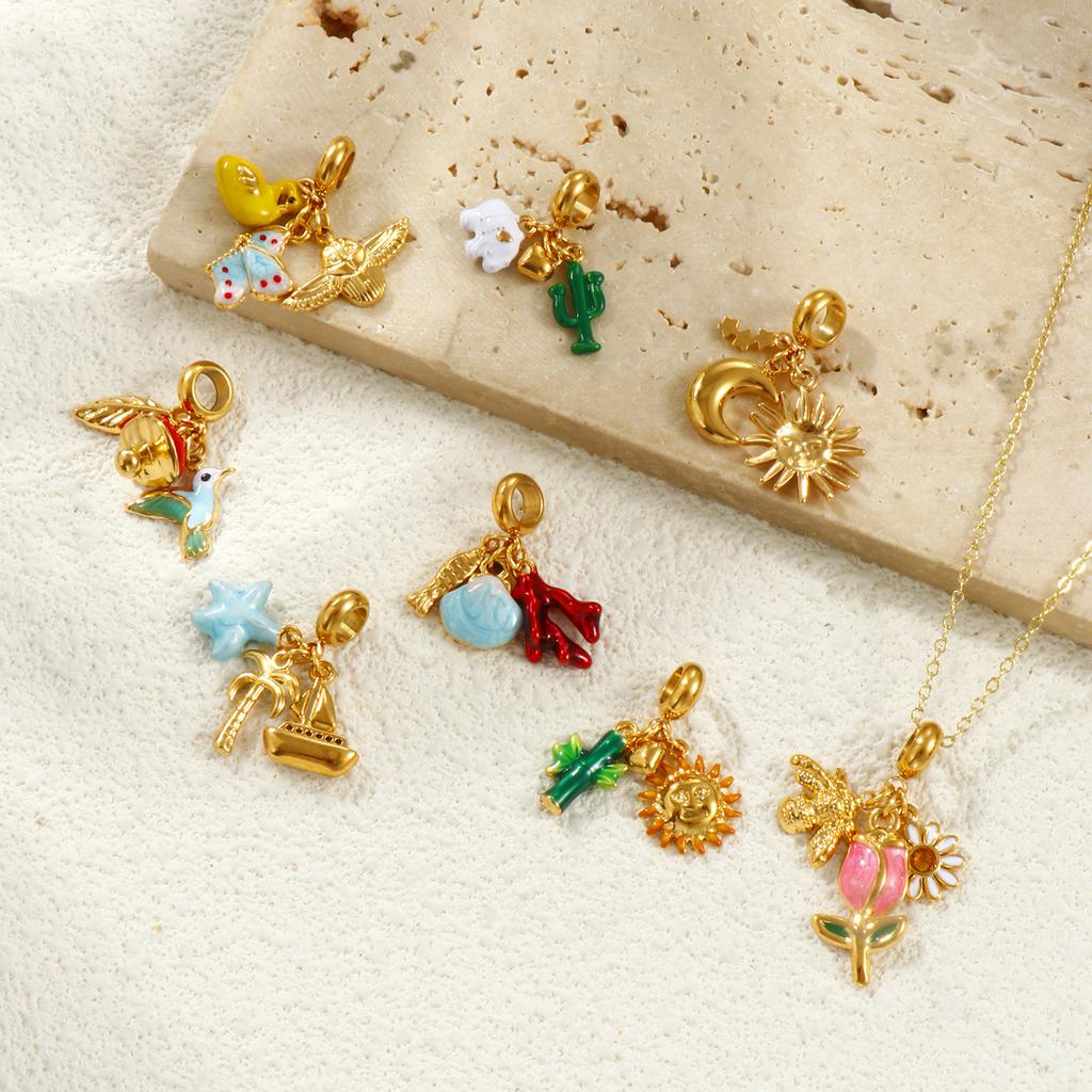 Doreen Box 18k Gold Plated Enamel Animal Plant Charms 304 Stainless Steel European Style Swing Bead Necklce Pendant