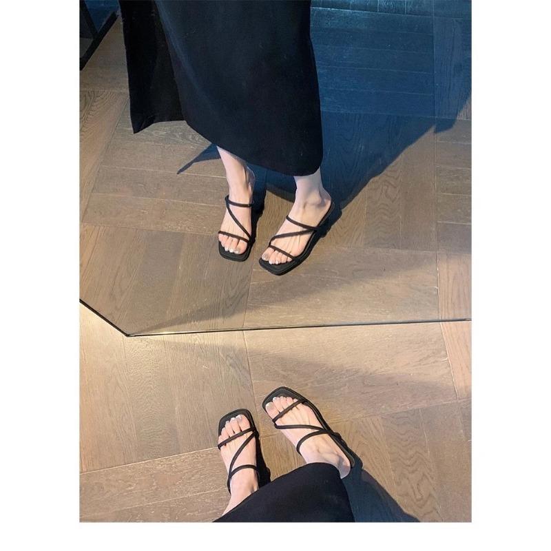 2025 Summer New Women's High Heel Slippers Fashion Square Toe Grace Narrow Band Solid Casual Daily Slippers Zapatos De Mujer