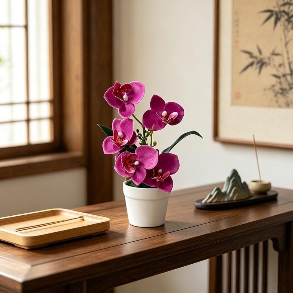 5 Blooms Artificial Orchid Arrangement Realistic Potted Flower Display Table Centerpiece
