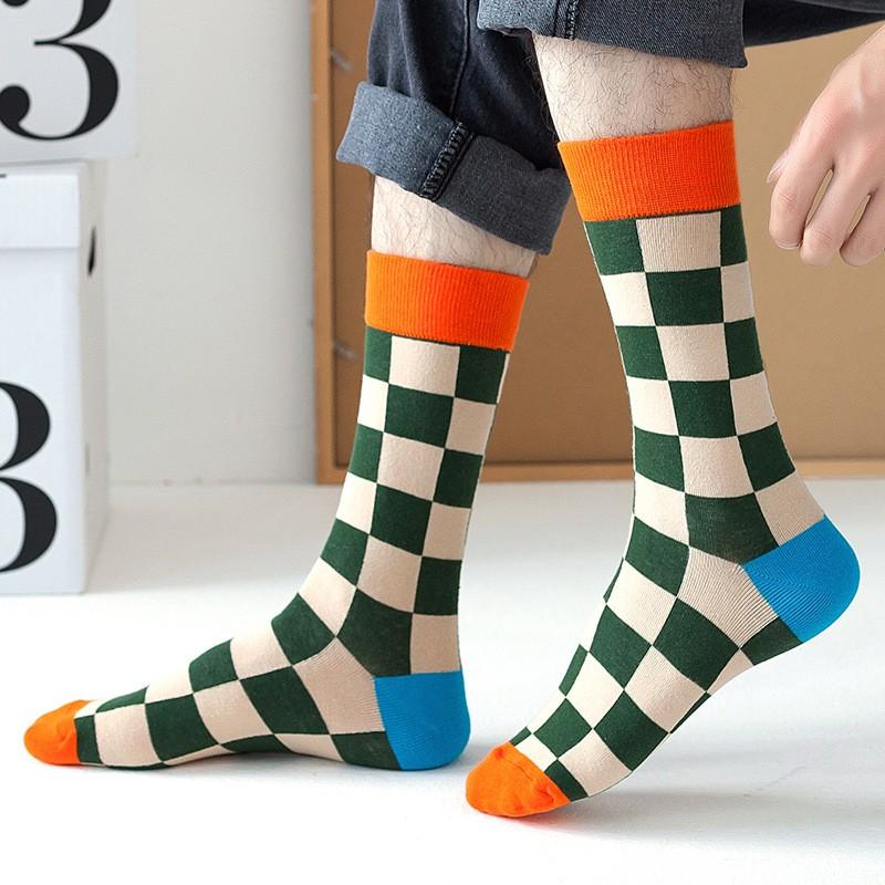 Cotton Crew Socks Unisex Trendy Checked Young Adults