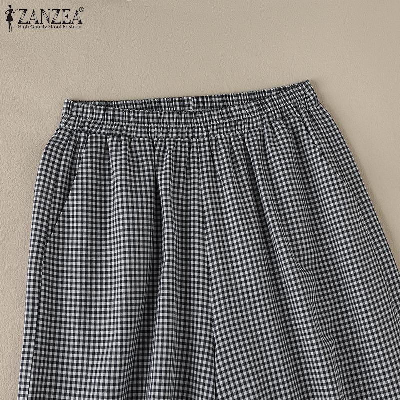 ZANZEA Женские повседневные брюки с эластичной резинкой на талии, свободные, клетчатые, широкие брюки