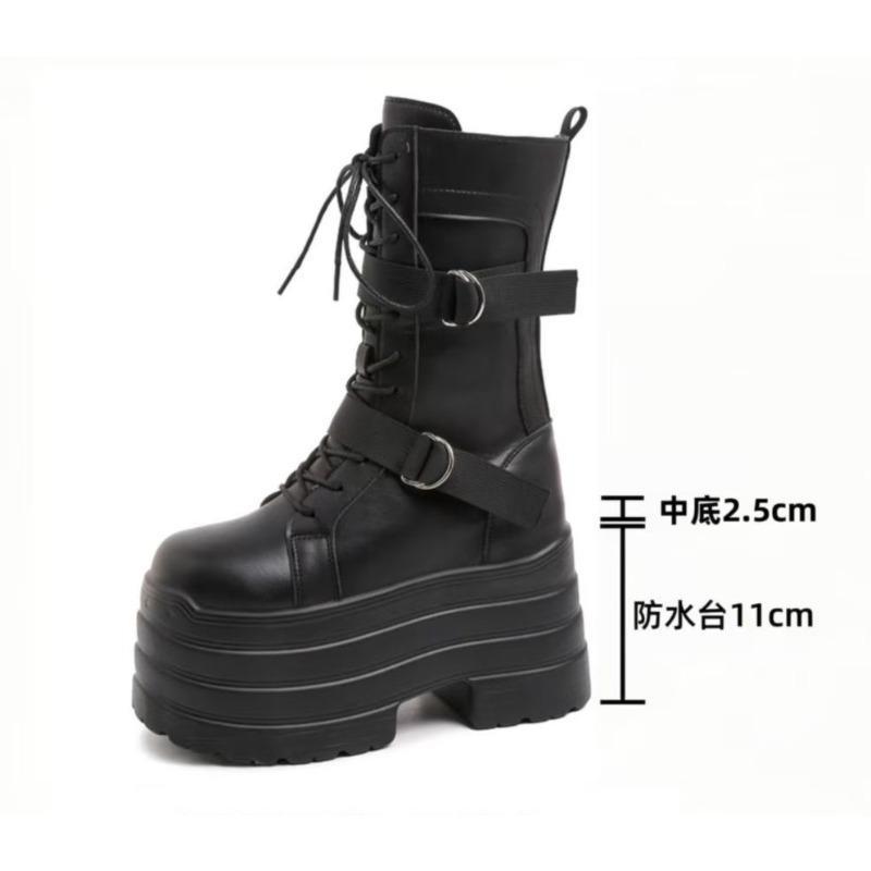 High Platform Gothic Boots Buckle Autumn Winter Leather Shoes Punk Street Cosplay Mid-calf Boots Motorcycle Short Botas 13.5cm