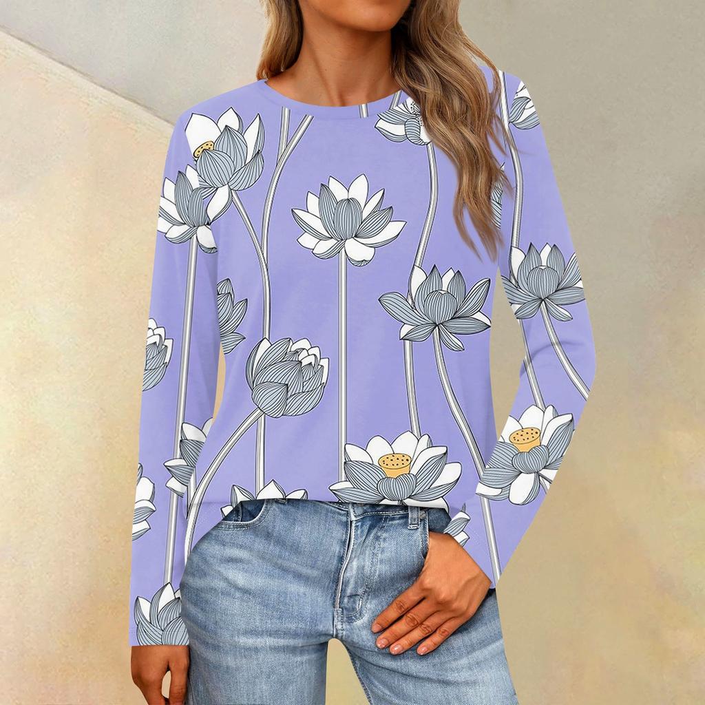 Женская свободная повседневная повседневная футболка с длинным рукавом и круглым вырезом, сплошной цвет, топ