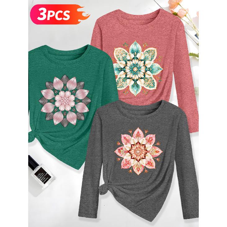 Lele Orientation Three-piece women's long-sleeve set Symmetrical mandala floral geometric ethnic style watercolor vintage print Spring, Summer,
