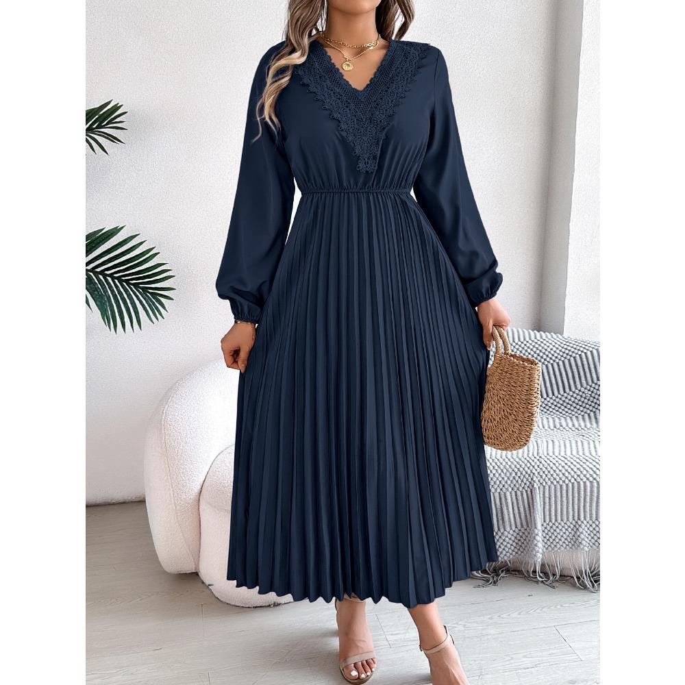 Spring and Summer Elegant Temperament V-neck Lace Waisted Pleated Long Women's Dresses Long Skirts