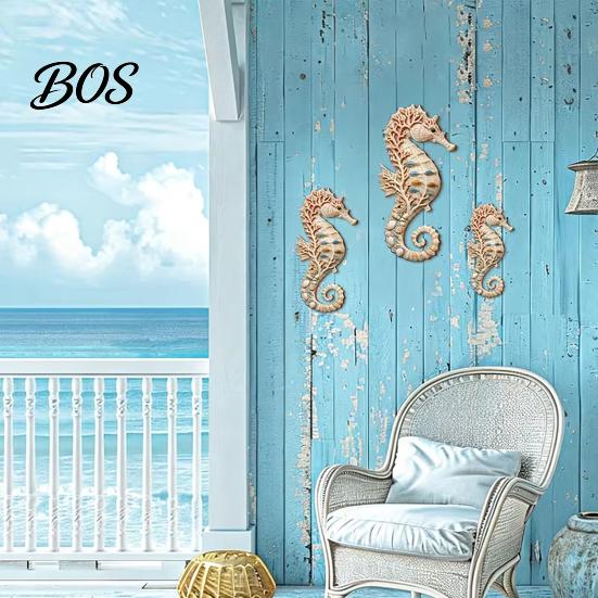 Coastal Home Decor 3Pcs Seahorse Wooden Wall Hanging Set, Hawaiian Beach Style, Boxwood Crafted Nordic Style Decoration Tropical Party Decor,