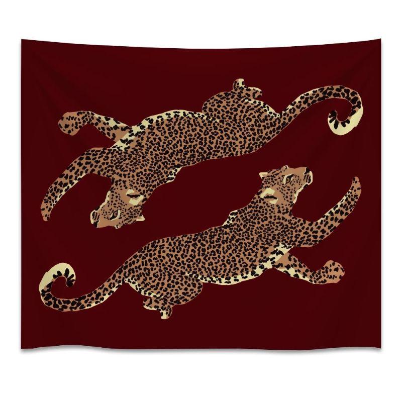 Burgundy Double Leopard Cheetah Wall Tapestry Wine Red Jumping Wild Cat Pair Spotted Animal Print Vintage Bedroom Living