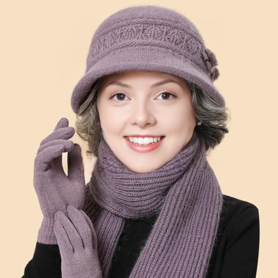2Pcs/Set Women Hat Scarf Set Solid Color Flower Decor Elastic Knitting Basin Hat Warm Long Scarf Set Cold Weather Accessories