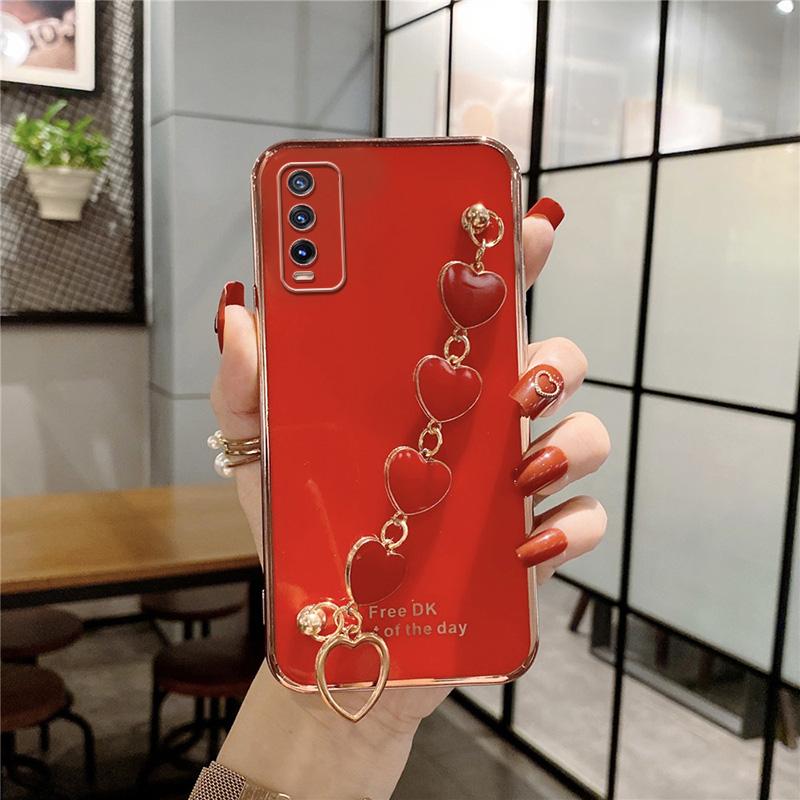 Чехол для телефона с браслетом Love Heart для Vivo X80 Pro Y76S Y75 Y20 Y11 Y12S Y21 Y30 Y33S Y76 T1 V21 V23, мягкий силиконовый чехол с гальваническим покрытием, чехол-цепочка