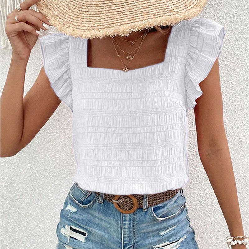 Женская летняя футболка с квадратным воротником и оборками, однотонный пуловер, топ