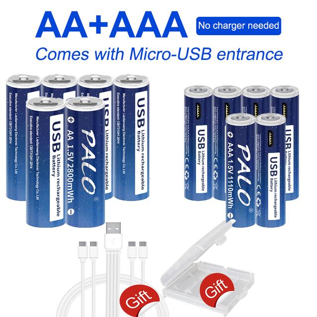 AA + AAA USB-аккумуляторы 1,5 В, 2800 мВтч Литий-ионный аккумулятор AA 1,5 В, 1110 мВтч литиевый аккумулятор AAA, быстрая зарядка через USB