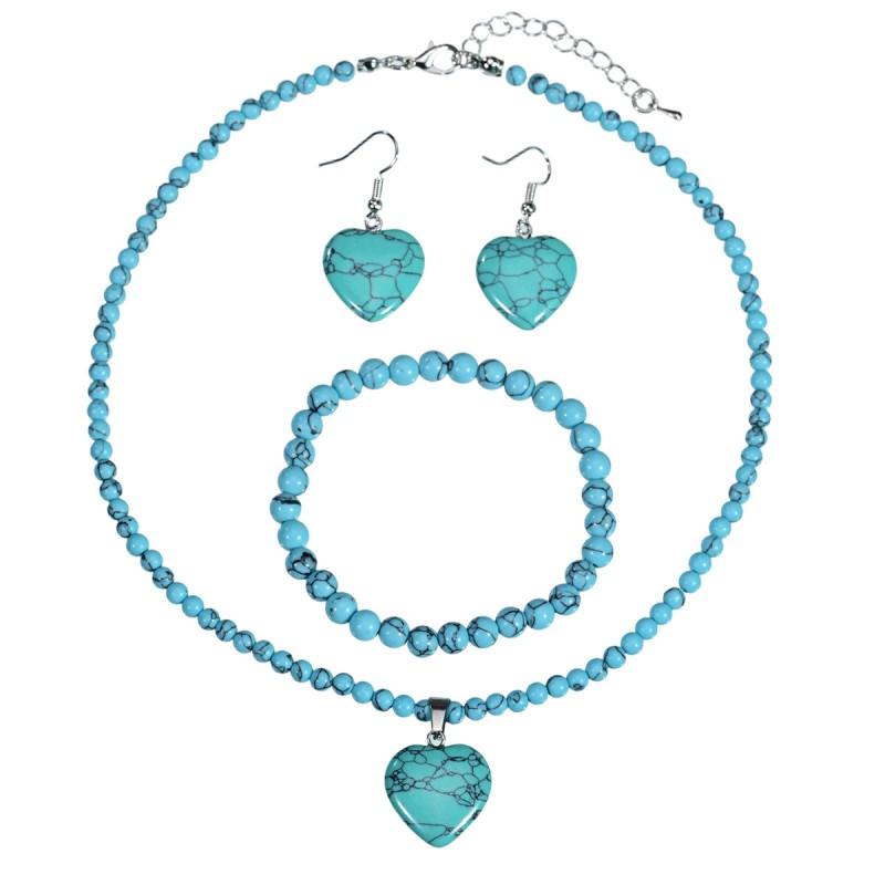 Handmade Turquoise Blue String Heart Drop Bell Pendant Necklace Beaded Bracelet Set Women Vintage Boho Jewelry