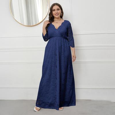 Женское платье макси с V-образным вырезом, рукавом 3/4, высокой талией, длинное платье с вышитым кружевом и цветочным узором, свадебное платье для отпуска больших размеров