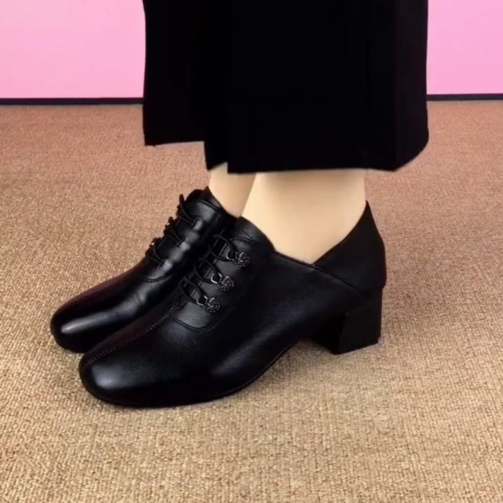 2025 весна новая мягкая кожа средний каблук осень универсальные британские маленькие кожаные туфли глубокий вырез весна и осень женская обувь толстый каблук одинарная обувь