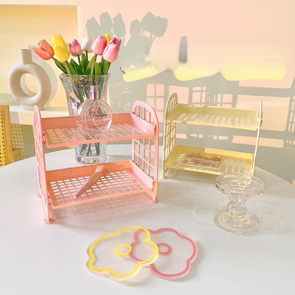 Kawaii двухслойный стеллаж для хранения, настольная складная стойка для хранения макияжа, полка для хранения косметики, отделка общежития, ванная комната