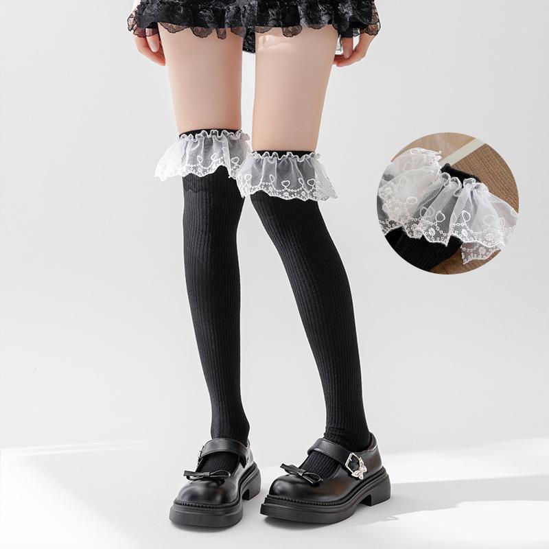 Однотонные высокие кружевные милые чулки в стиле Лолиты, толстые теплые черные белые длинные носки для женщин