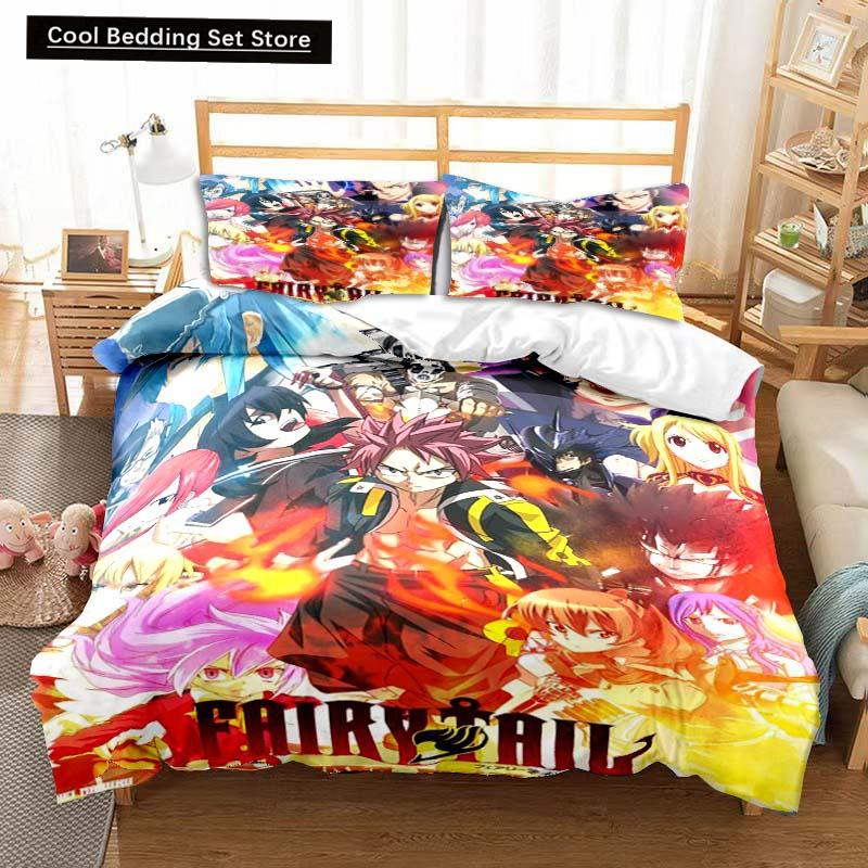 3D Anime Fairy Tail Bedding Set Bed Three-piece Set Duvet Cover Single Double Bed Queen Size Duvet Cover Set Adult Kid's Bedroom