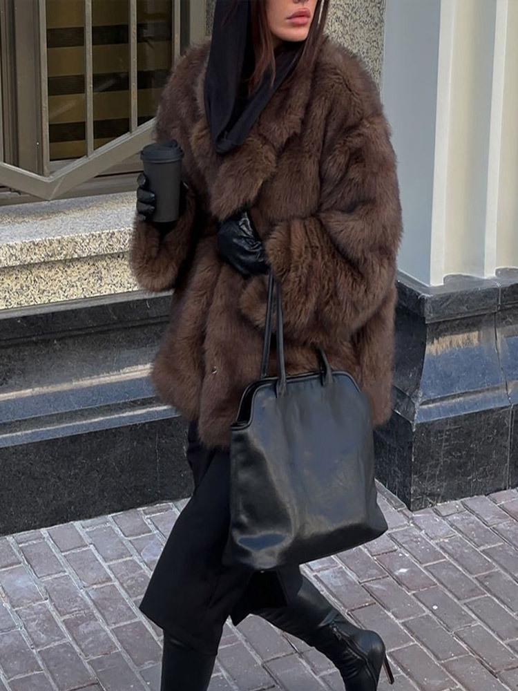 Однотонное плюшевое пальто с лацканами из искусственного меха - Удобная, теплая осенне-зимняя мода