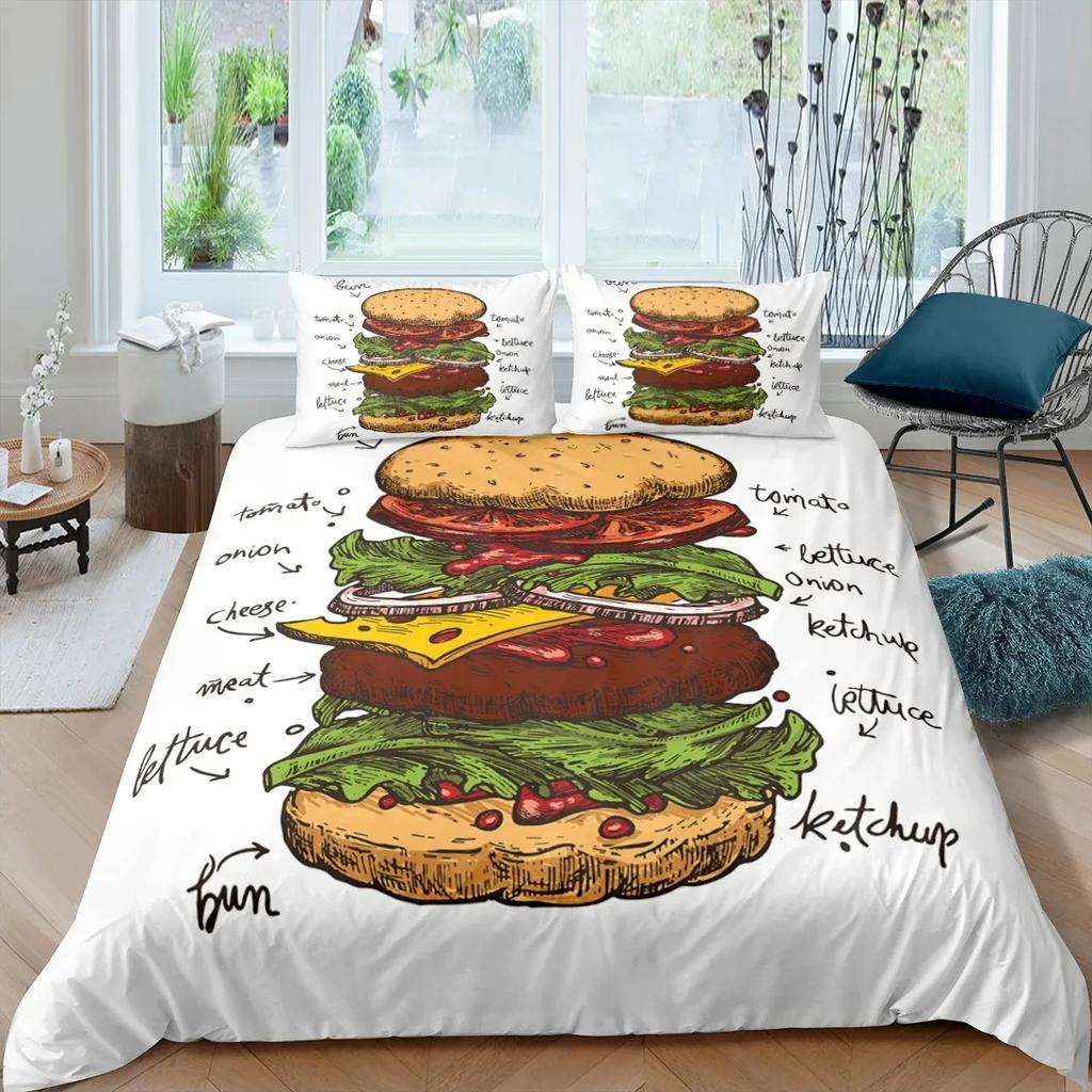 Hamburger Pizza Food Duvet Cover Pillowcase Bedding Set  Adult Boy Girl Bedroom Decoration Gift Single Double Large Size