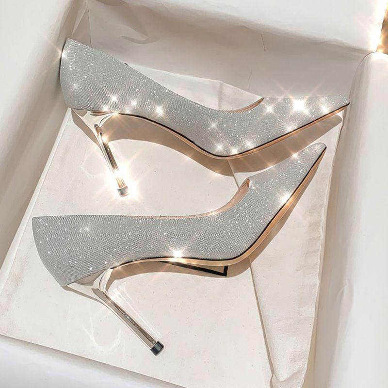 Женская обувь, босоножки на высоком каблуке-шпильке с блестками и острым носком, женские элегантные светские туфли на спине Q42