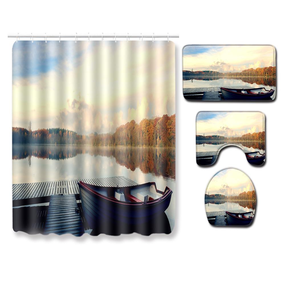 Landscape Shower Curtain Floor Mat Combination Four-Piece Set Bathroom Toilet Carpet Shower Room Mat Foot Mat