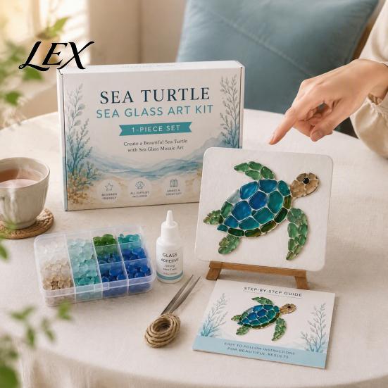 Garden Decoration Stones DIY Sea Glass Mosaic Art Kit, Ocean/Landscape Inspired Artwork Decorative for Patio with Colorful Pieces, Craft Set