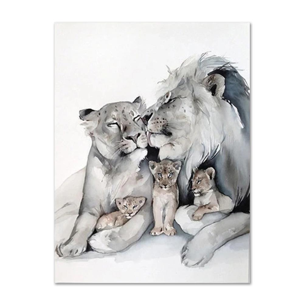 Лев Семья Плакат Печать Отец Мать Дети Настенное Искусство Муж и Жена Любящий Дом Холст Картины Настенные Художественные Украшения Картины