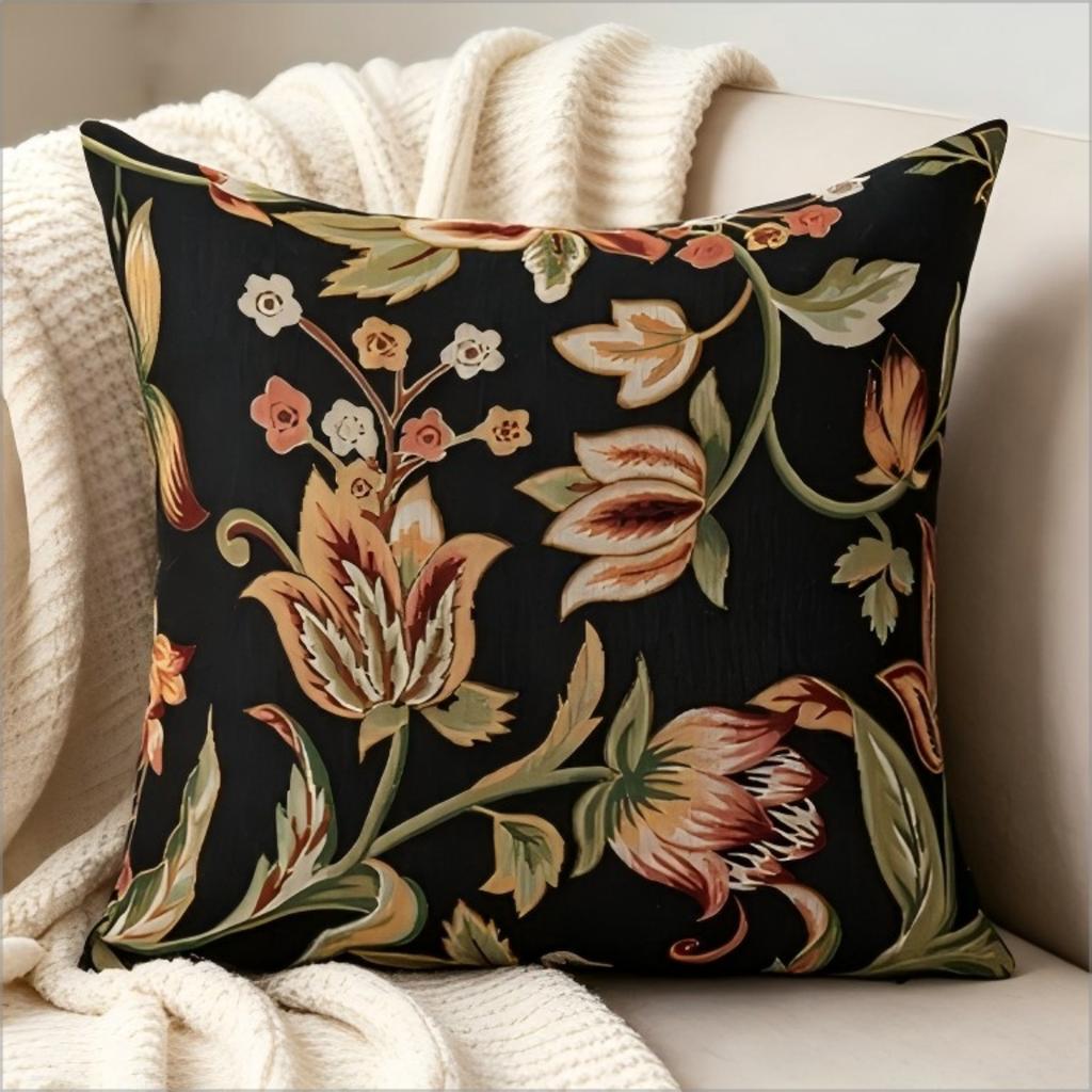 Vintage Black Floral Tapestry Print Throw Pillow Cover, Dark Academia Botanical Decorative Cushion