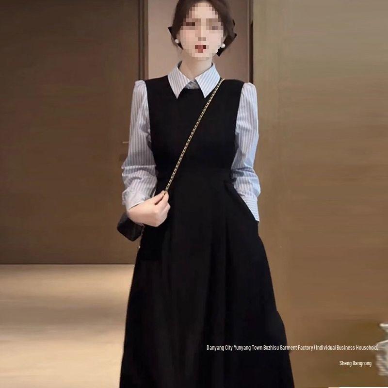 Autumn French Hepburn Style Women's Navy & Black Long Cotton Shirt Dress Set