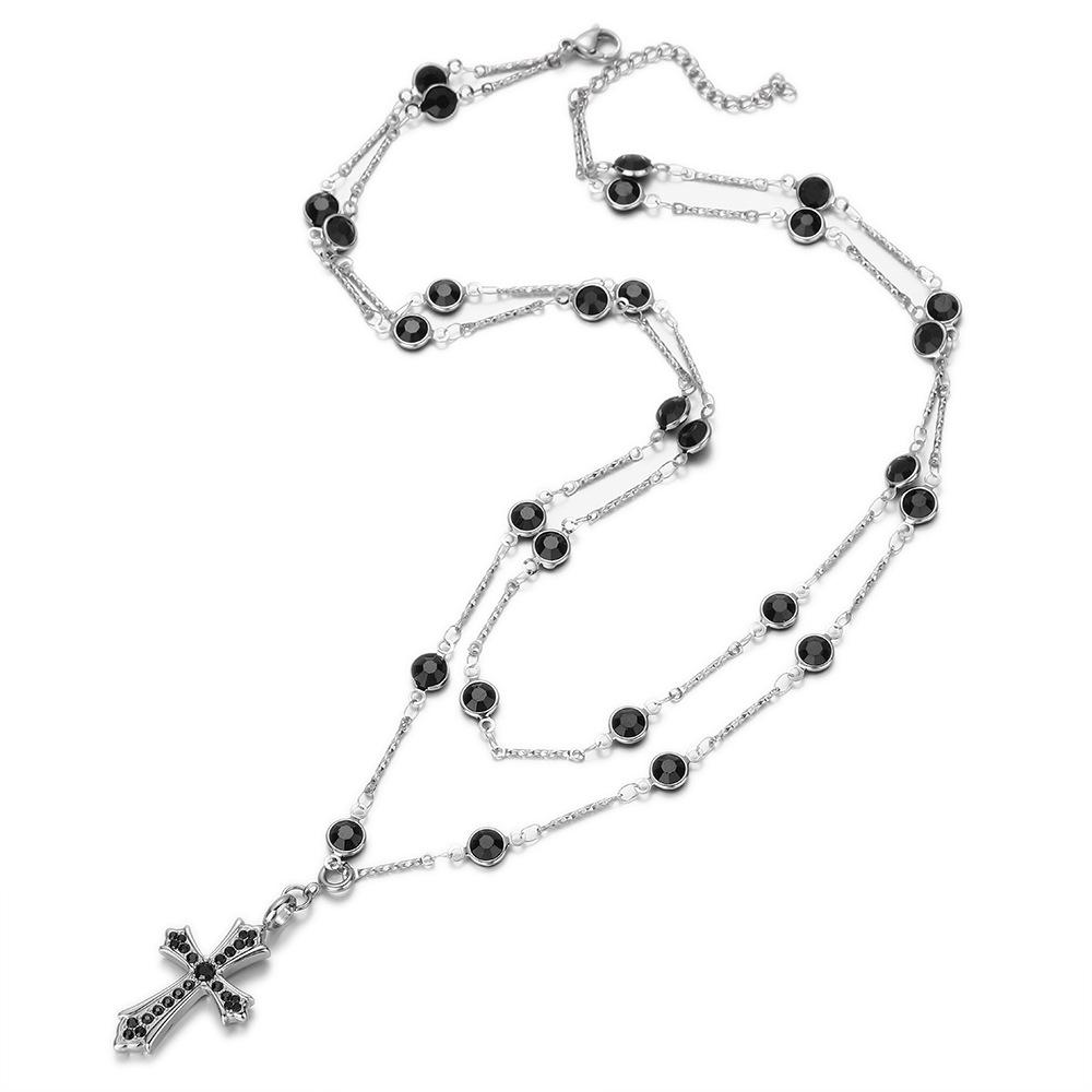 Black Gemstone Cross Titanium Steel Necklace for Women, Unique High-end Design, Double-layer Stacking, Men's Accessories