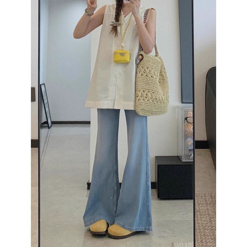 Light Blue Tencel Skinny Denim Women's Summer Thin Fat Sister mm High Waist Slim Looking without Leg Sticking Ice Silk Bell-Bottom Pants